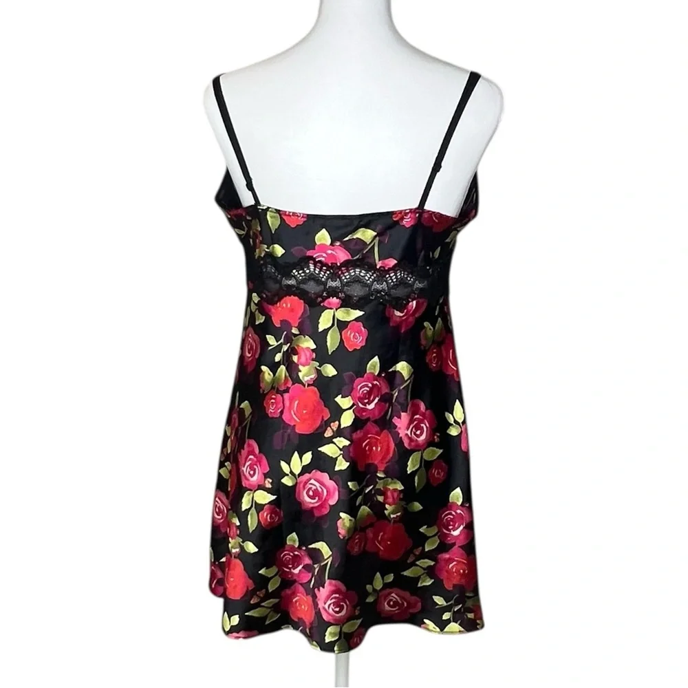 Victoria's Secret Satin Babydoll Chemises Slip Dress L Black Red Roses Lace